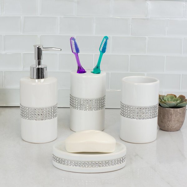 Bathroom Accessories 4-Part Set Ceramic White Modern Soap Dish Toothbrush Holder 