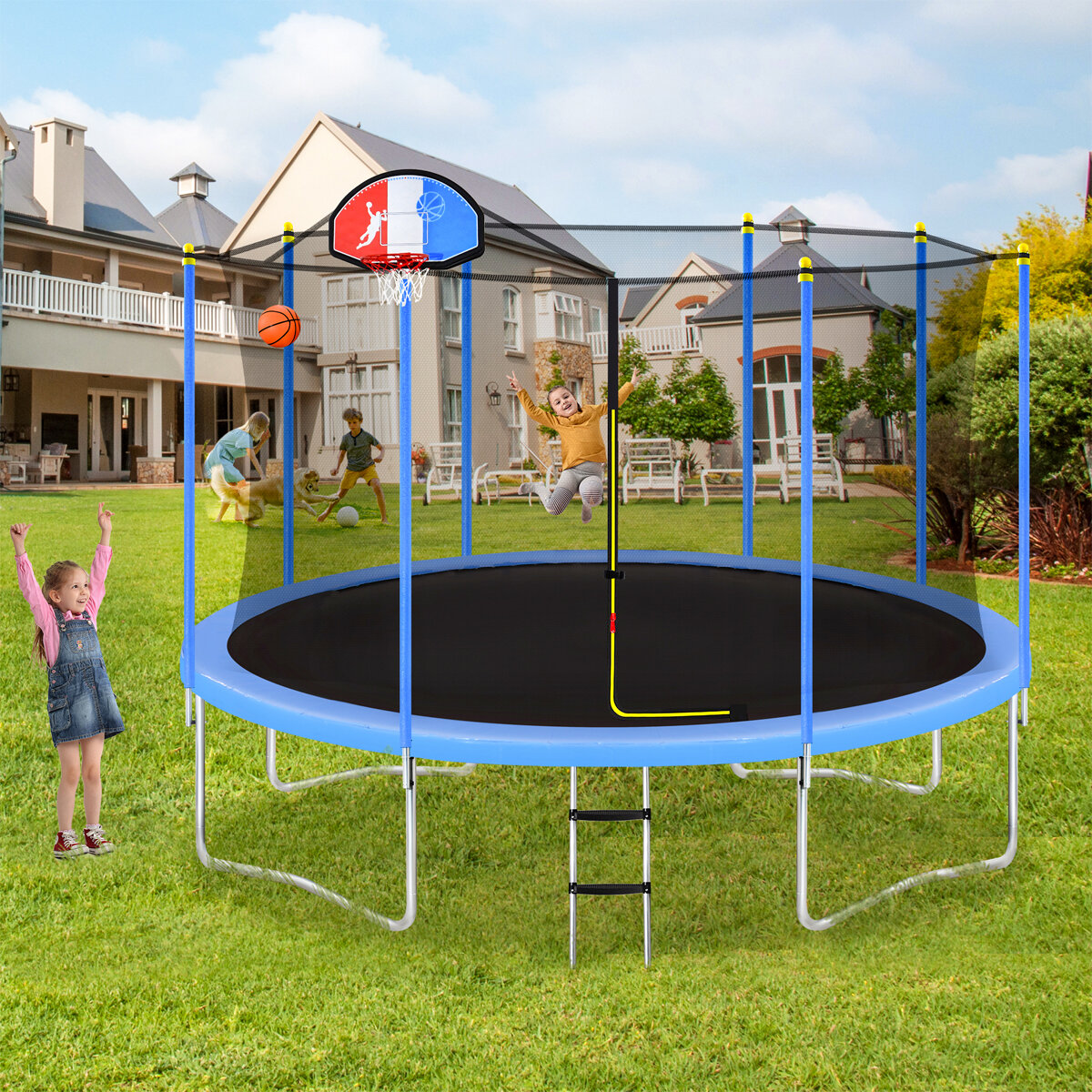 Outdoor Trampoline with Basketball Hoop Safety Enclosure Net and Ladder Trampoline for Adults Black Blue AUKUYE 14FT Trampoline for Kids 