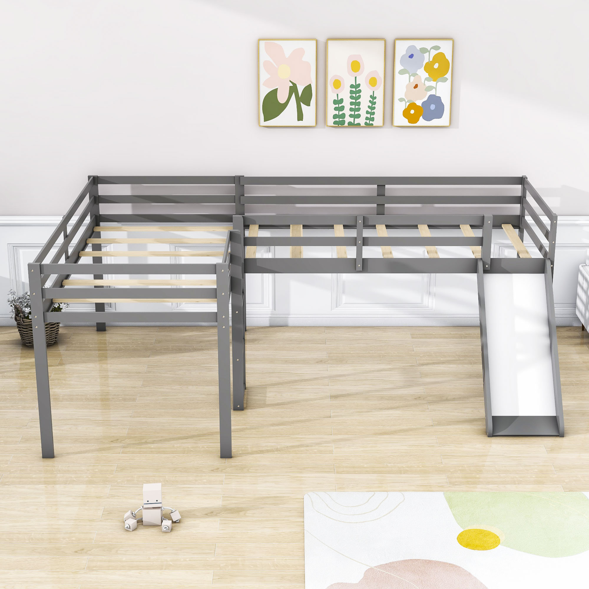Harriet Bee Esteri Twin Size LShaped Loft Bed, Wood Loft Bed with