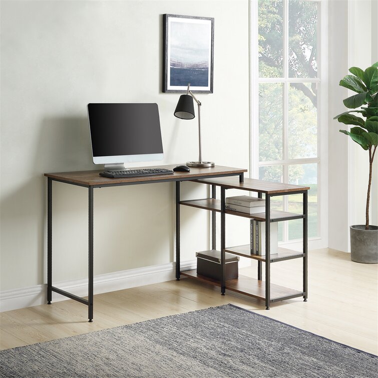 solid gambling perspective 17 Stories Home Office L-Shaped Computer Desk,Left Or Right Set Up, Vintage  Brown Industrial Style Corner Desk With Open Shelves , 47" L(Brown) |  Wayfair