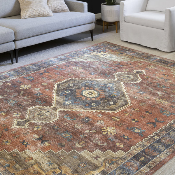 Bungalow Rose Gelo Performance Rust/Blue Rug & Reviews | Wayfair