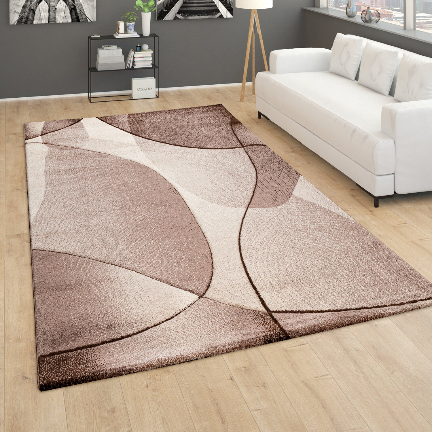 Teppich Modern Designer Wohnzimmer Kurzflor Abstrakt Wellen Muster Braun Beige 