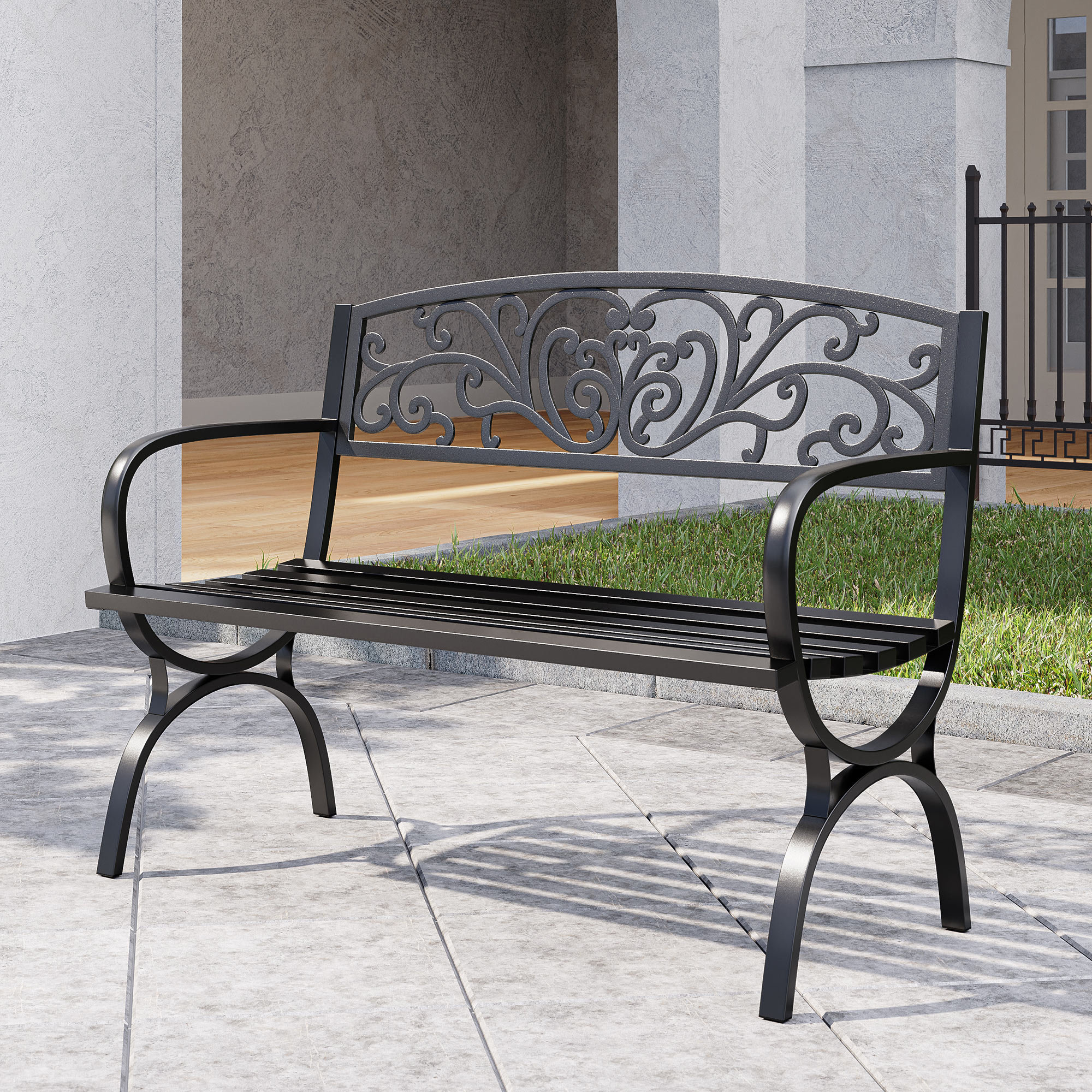 Garden Metal Bench 2 Seater Cast Iron Backrest Outdoor Furniture Home 
