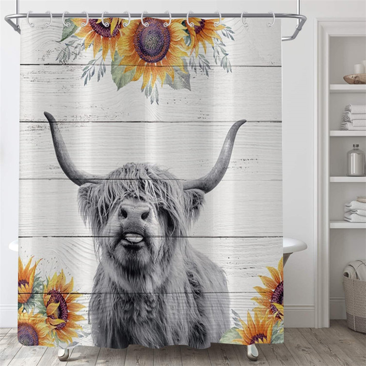 Funny Cattle Shower Curtain Highland Cow Bull In Bathtub Sunflower Bath Curtains 