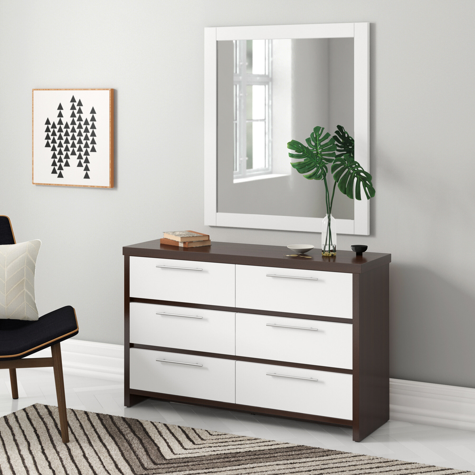 Dresser 6-Drawer Particle Board Contemporary Style Pure White with Platform Base 
