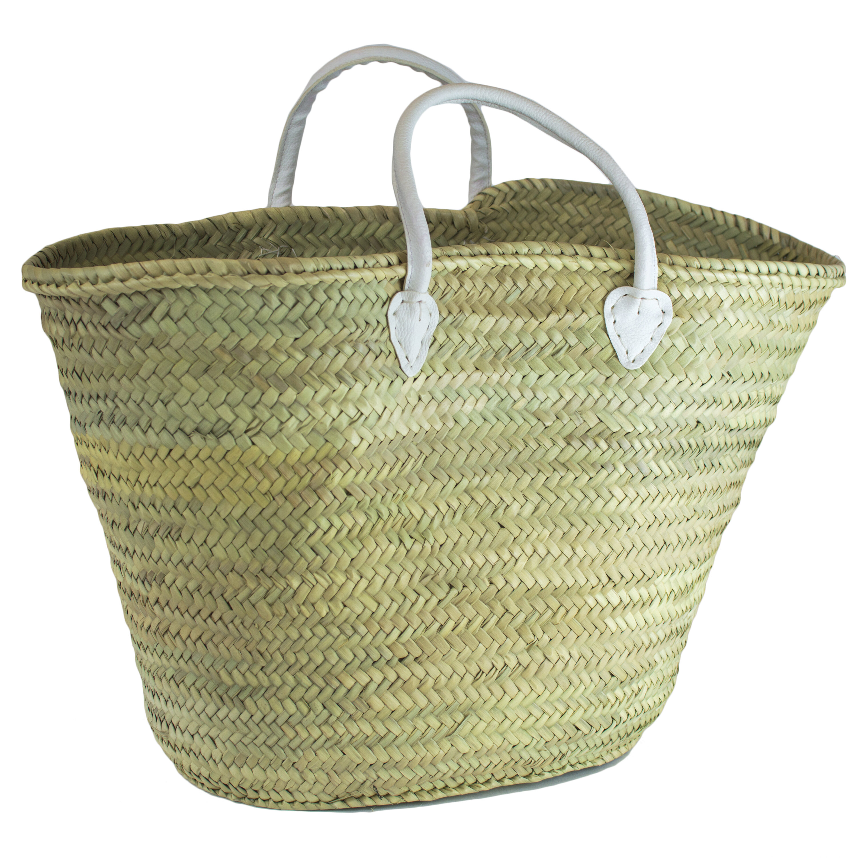 Large French Shopping Market Basket Woven Palm Bag Chic Storage Leather Handle 