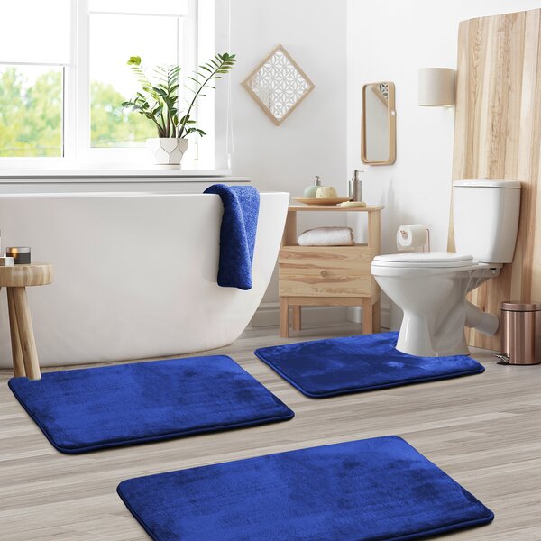 3 Piece Premium Polypropylene Bath Rugs Set with Blocks Design Navy Blue 