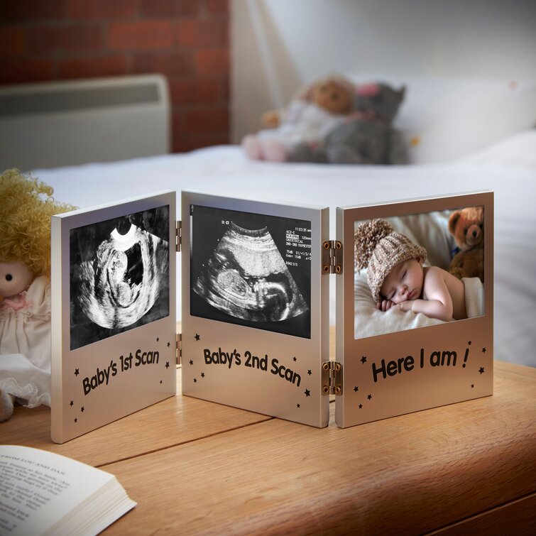 Hinged Photo Frame with Plaque A New Life Begins White / Silver Baby Scan 