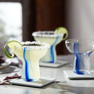 set of 4 Hand Blown Mexican Glass Margarita Blue Rim 