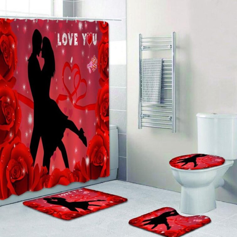 Vivid Flower Decor Shower Curtains Lover Red Rose Valentine's Day Bath Mat Rugs 