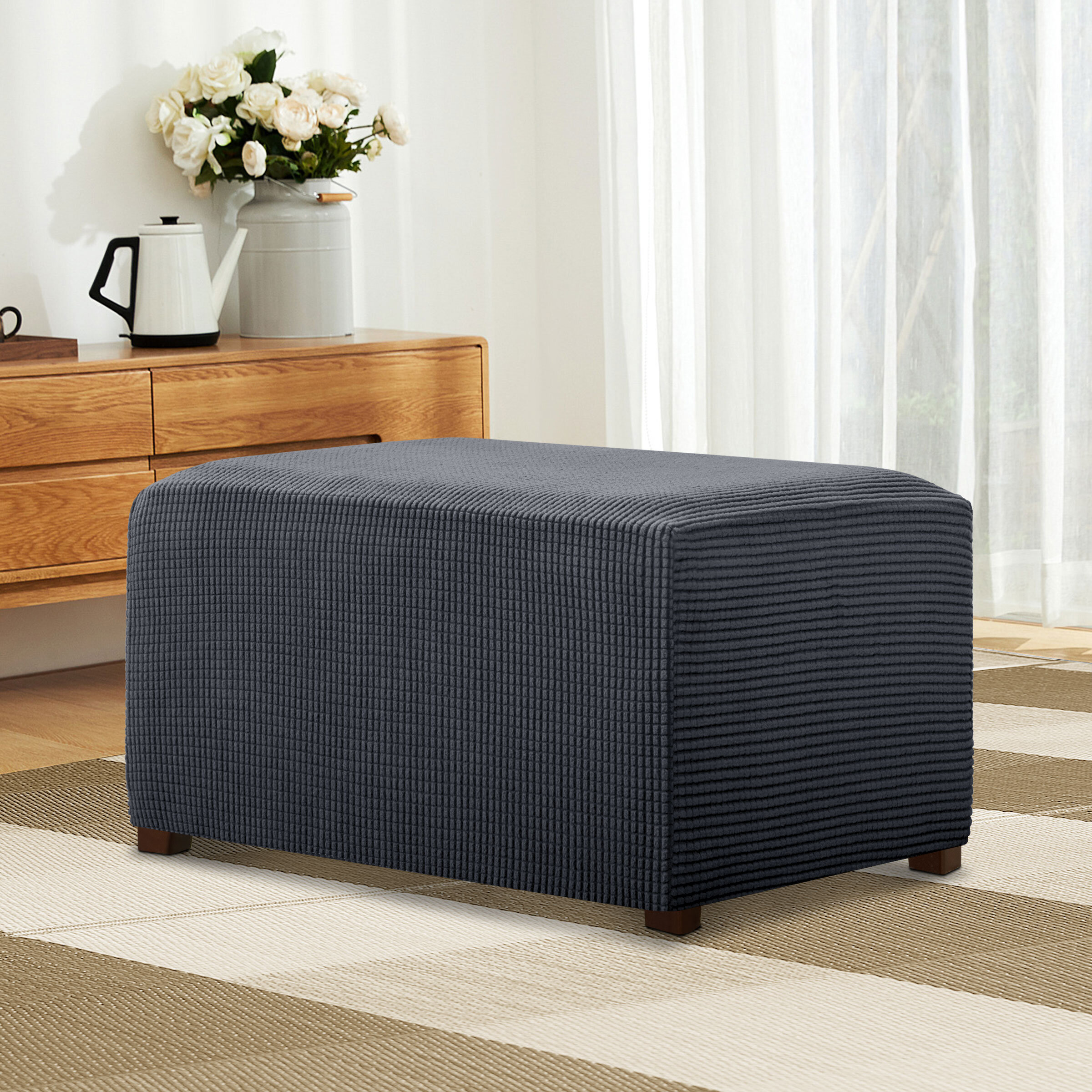 Stretch Ottoman Cover Ottoman Slipcovers Round for Living Room Foot Stool 