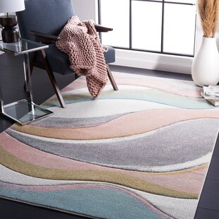 Modern Bright Stylish Home Rug Waves Design Carpet in Cream Green Blue Area Mat 
