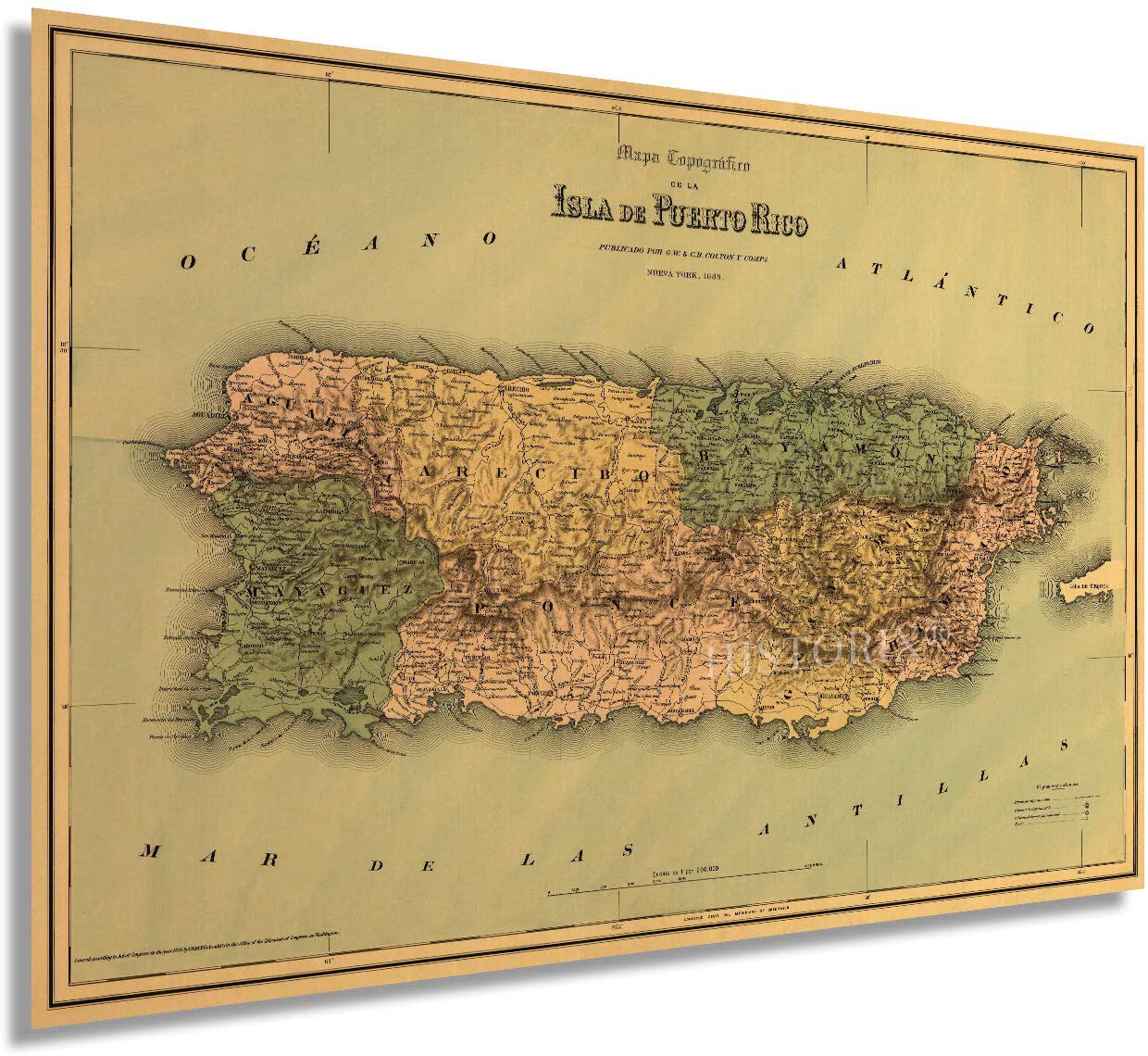 HISTORIC PRINTS Vintage 1886 Puerto Rico Map Wall Art Unframed Print