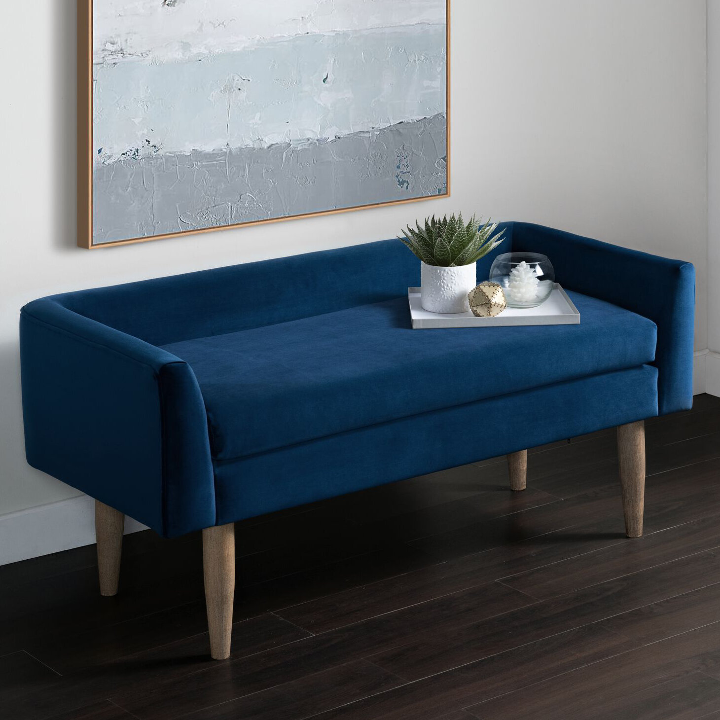 Contemporary Velvet & Solid Wood Bench in Blue