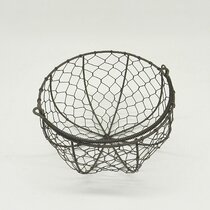 Primitive Style Black Wire Basket Egg Chicken Metal Wood Handle Gathering 6”X8” 