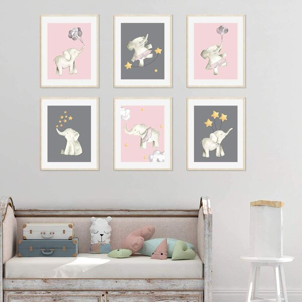 Pink Elephant Baby Girl Nursery Decor Watercolor Wall Art Shower Gift Kids Bedroom Pictures 3 UNFRAMED PRINTS
