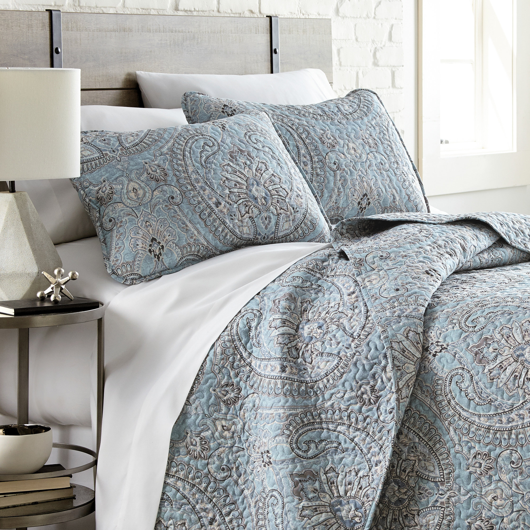 Ethnic Detailed Squares Print Details about   Blue Quilted Bedspread & Pillow Shams Set 