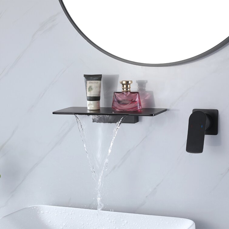 Waterfall Wall Mount Matte Black Single Handle Bathroom Sink Faucet Solid Brass (Part number: wf-J021083-US-MB)