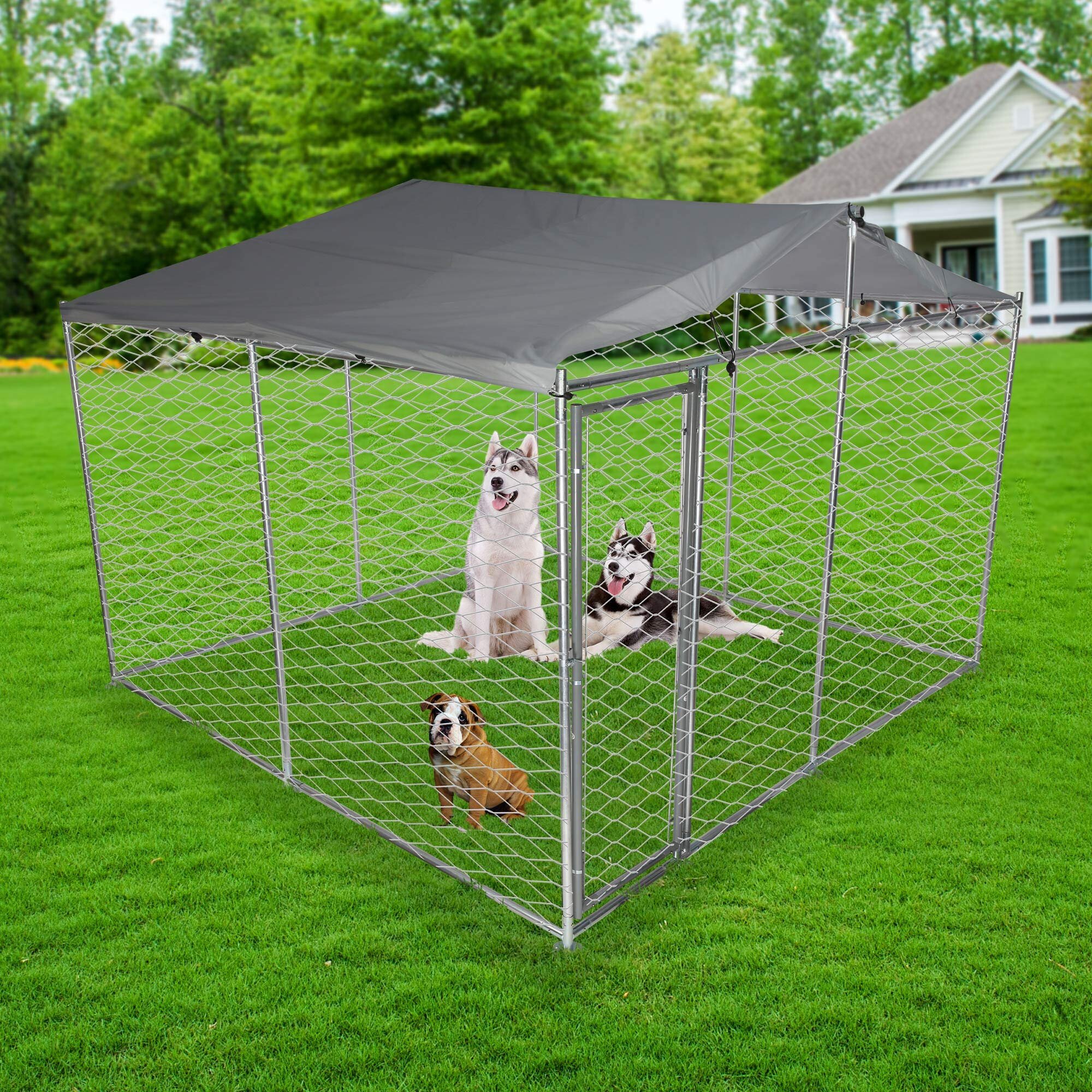 LUCKYERMORE Metal Dog Kennel Outdoor for Large Dog Easy to Clean & Rust-Resistance Dog Crate with Lockable Dog Gate with/Without Water Resistance Cover 