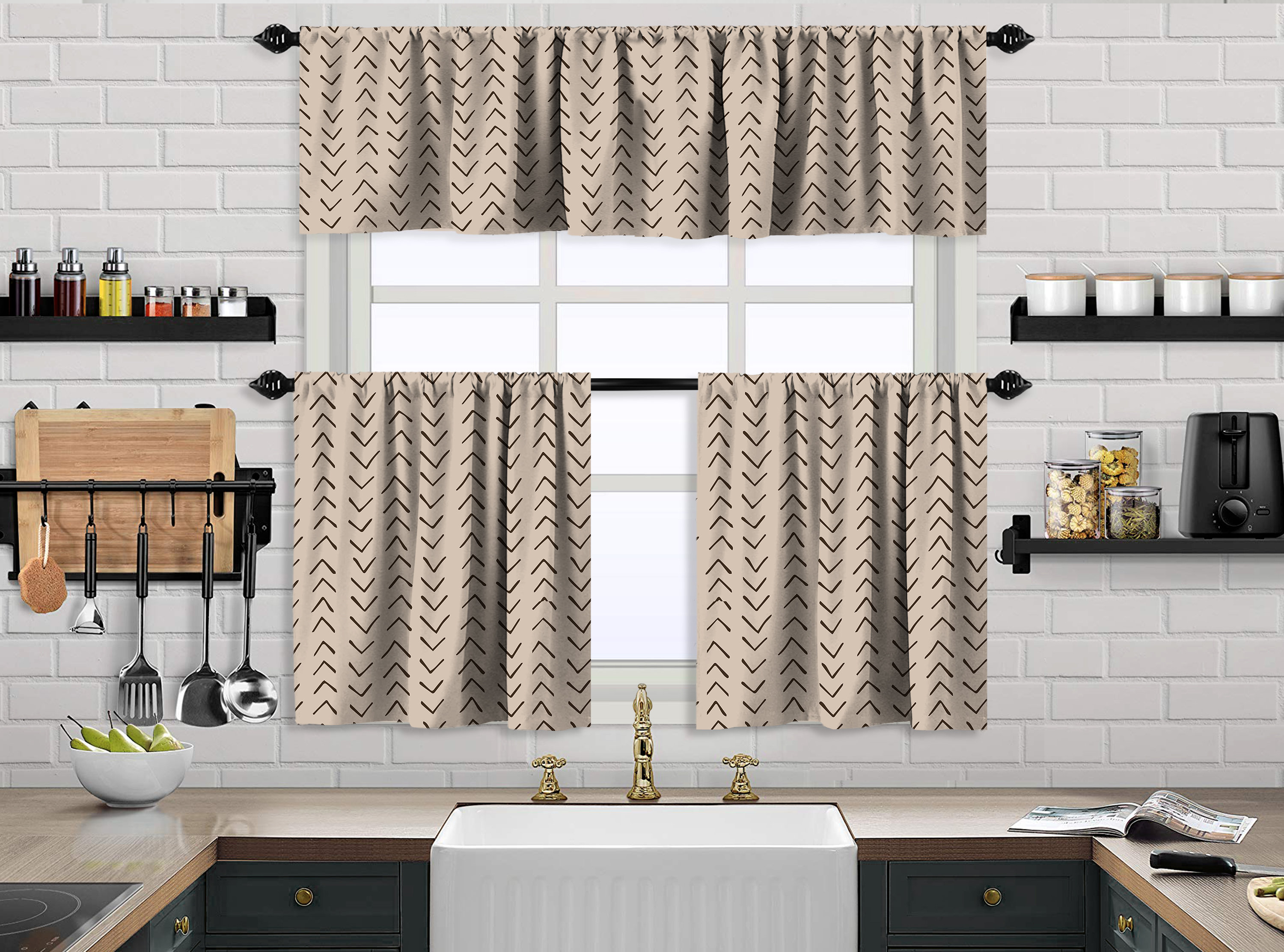 Lilijan Home & Curtain Boho Design Kitchen Valance And 2 Tiers Curtain
