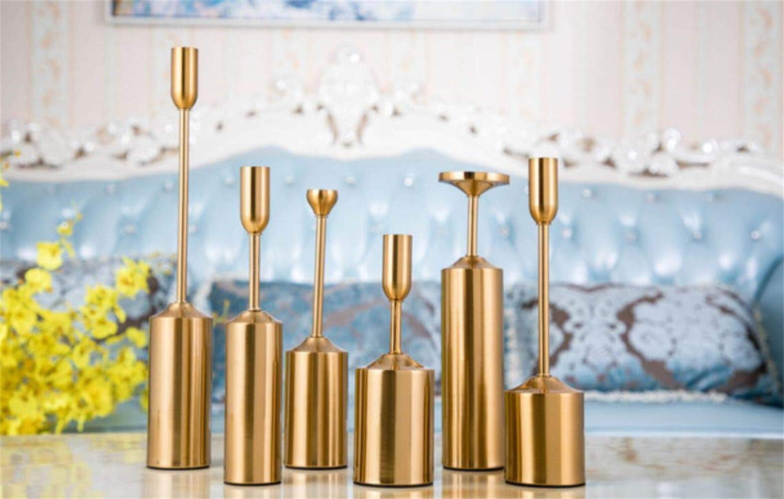 PACK 2 Brass Gold Candlestick Taper Candle Holders Mid-century Centerpiece Decor 
