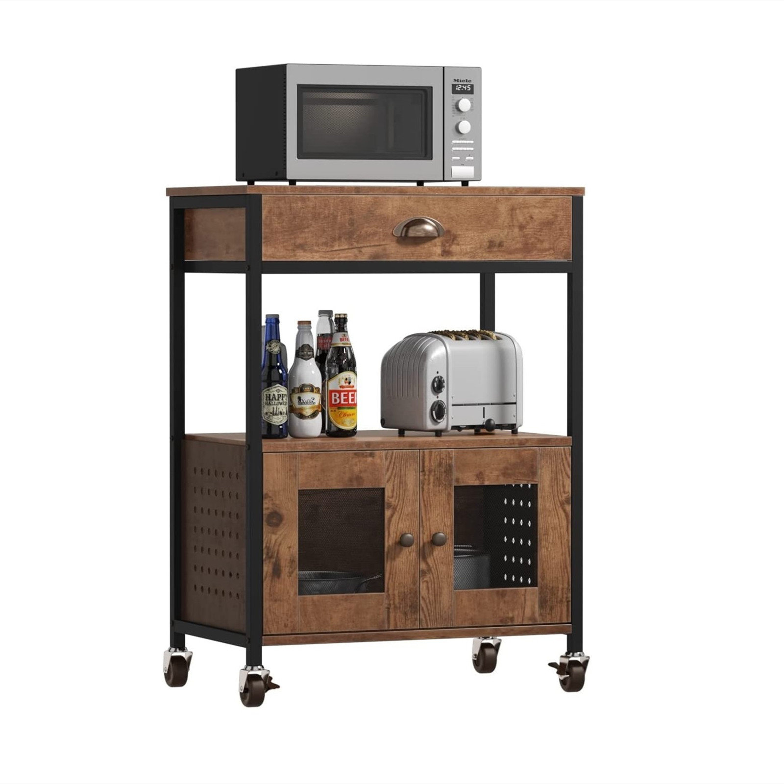 17 Stories Industrial Rolling Kitchen Island With 2 Doors And 1 Large ...