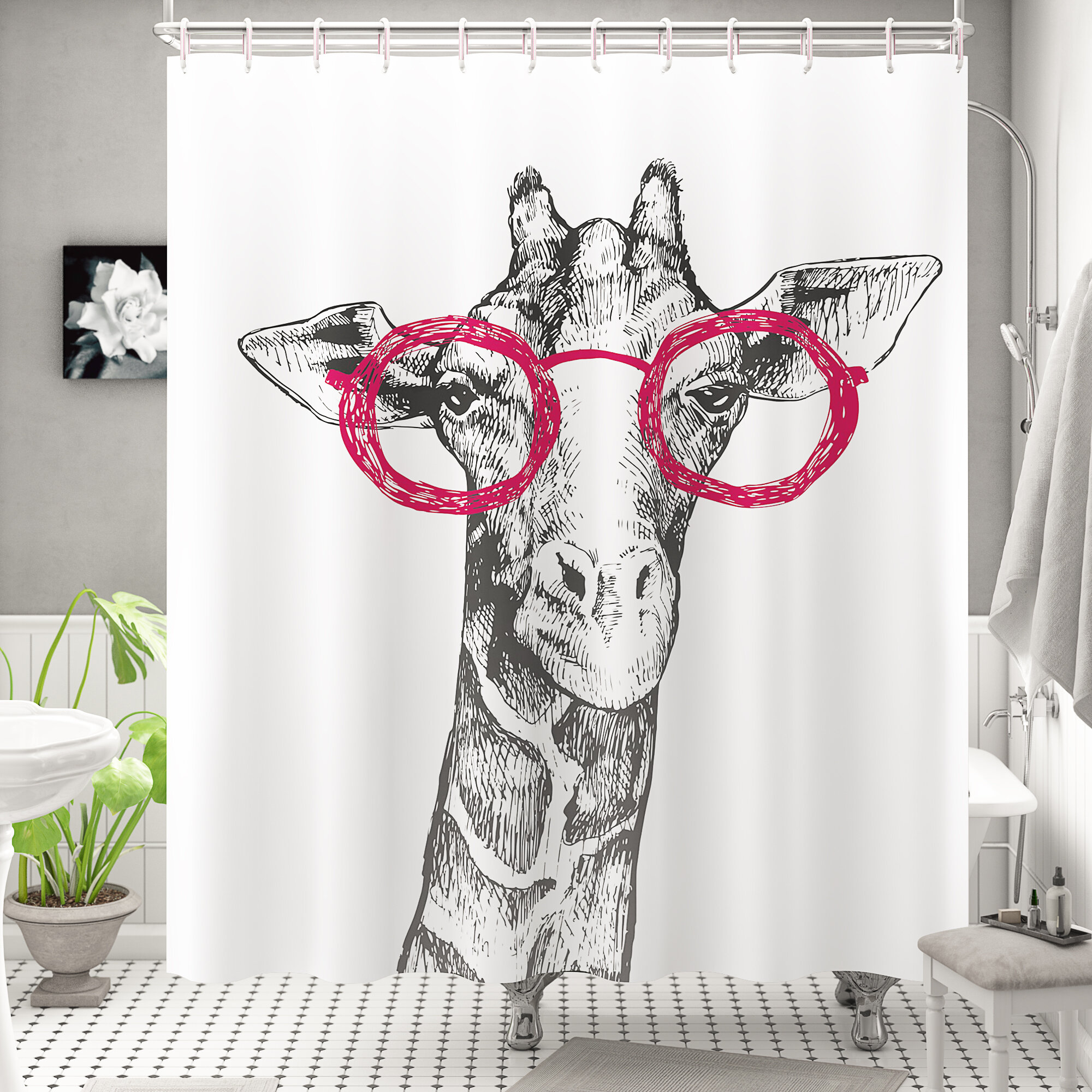 Shower Curtain Bathroom Decor Set Red Flower Ink Painting Art Curtains 12 HOOKS 