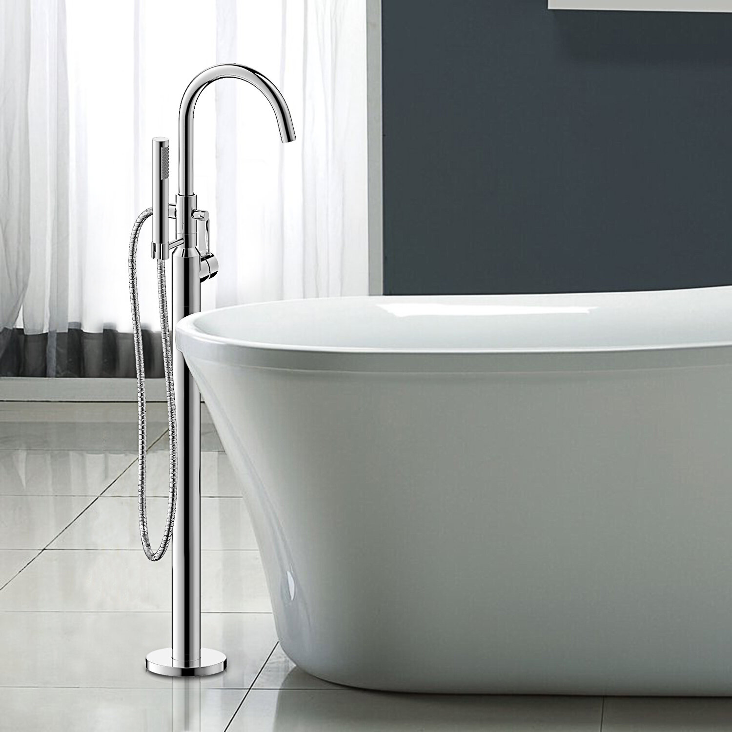 Details about   Brushed Nickel LED Floor Mounted Tub Filler Free Standing Mixer Tap W/Hand Spray 