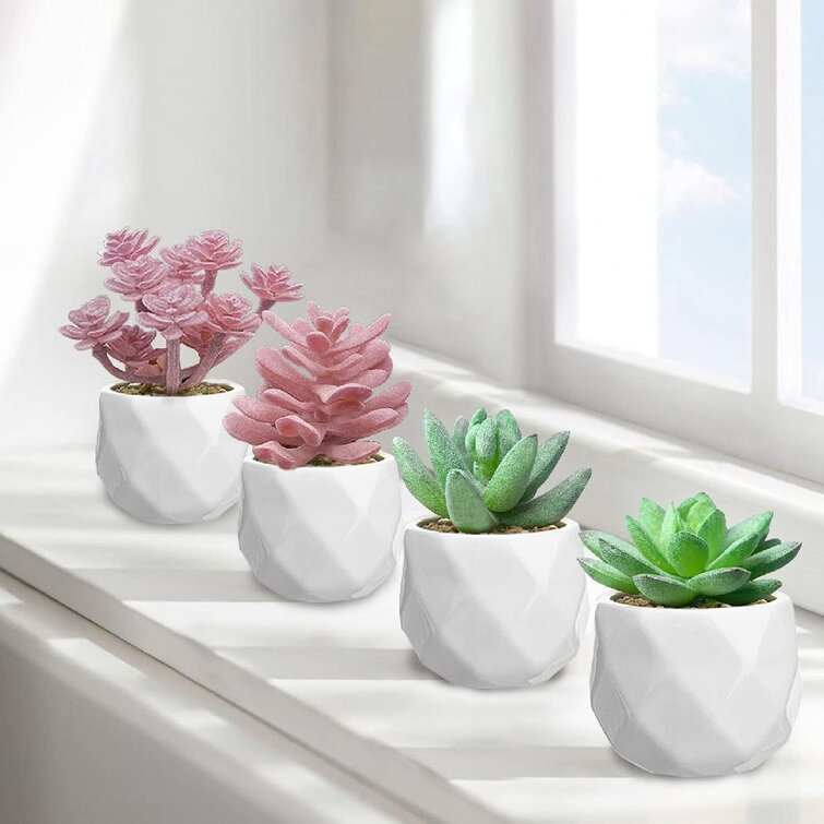 4 Small White Pots For Succulent Plants Artificial Potted Home Garden Planter 