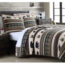 KING BEAUTIFUL PATCHWORK COUNTRY CABIN LODGE GREEN RED BROWN QUILT SET QUEEN 