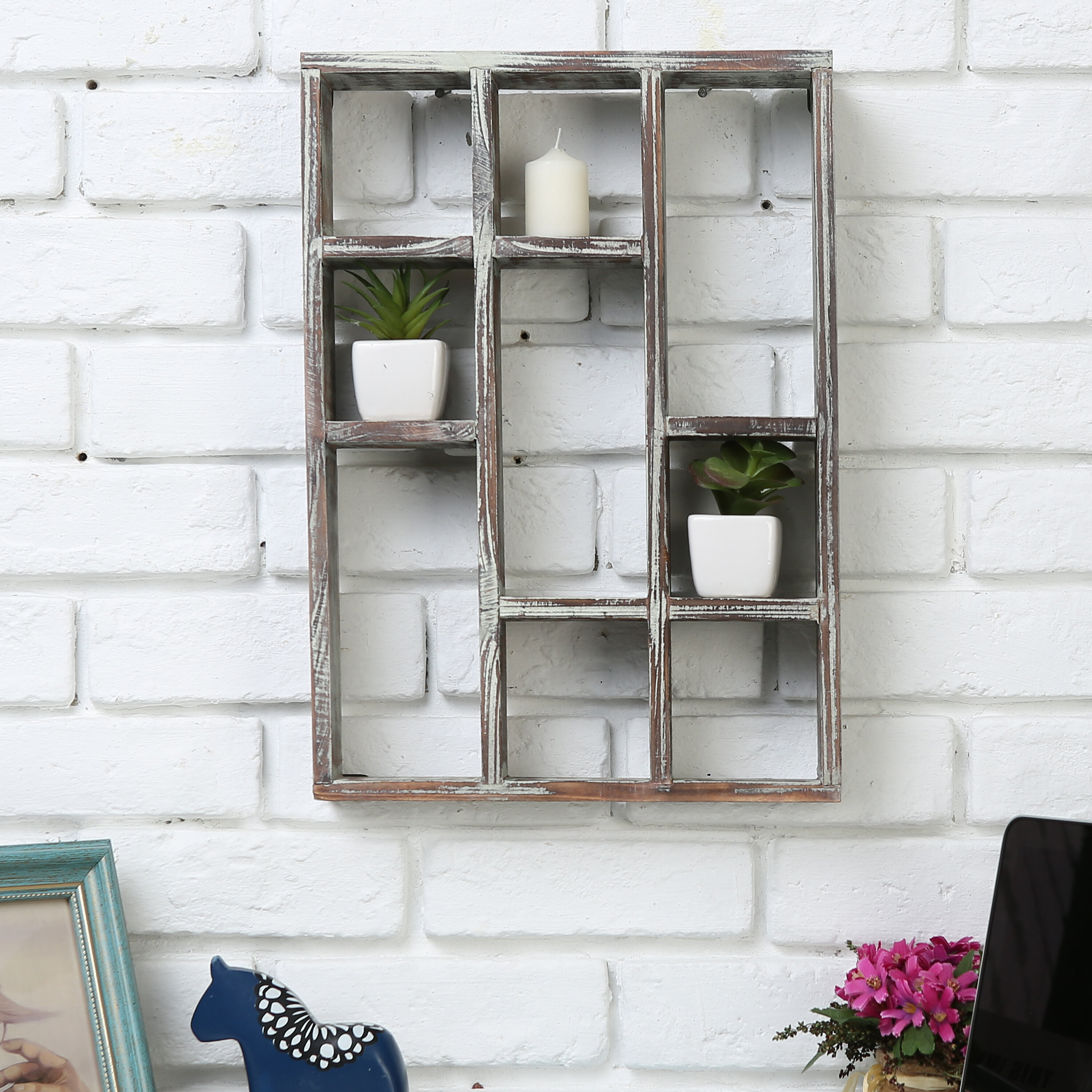 MyGift Vintage White Wood Wall Mounted 9 Compartment Shadow Box Display Shelf 