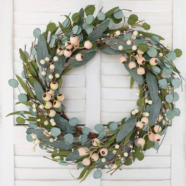 Winter wreath for Front Door 18 Inch Artificial Twig Winter Red & Burgundy Berry Artificial Eucalyptus Leaves Wreath with Large Grapevine