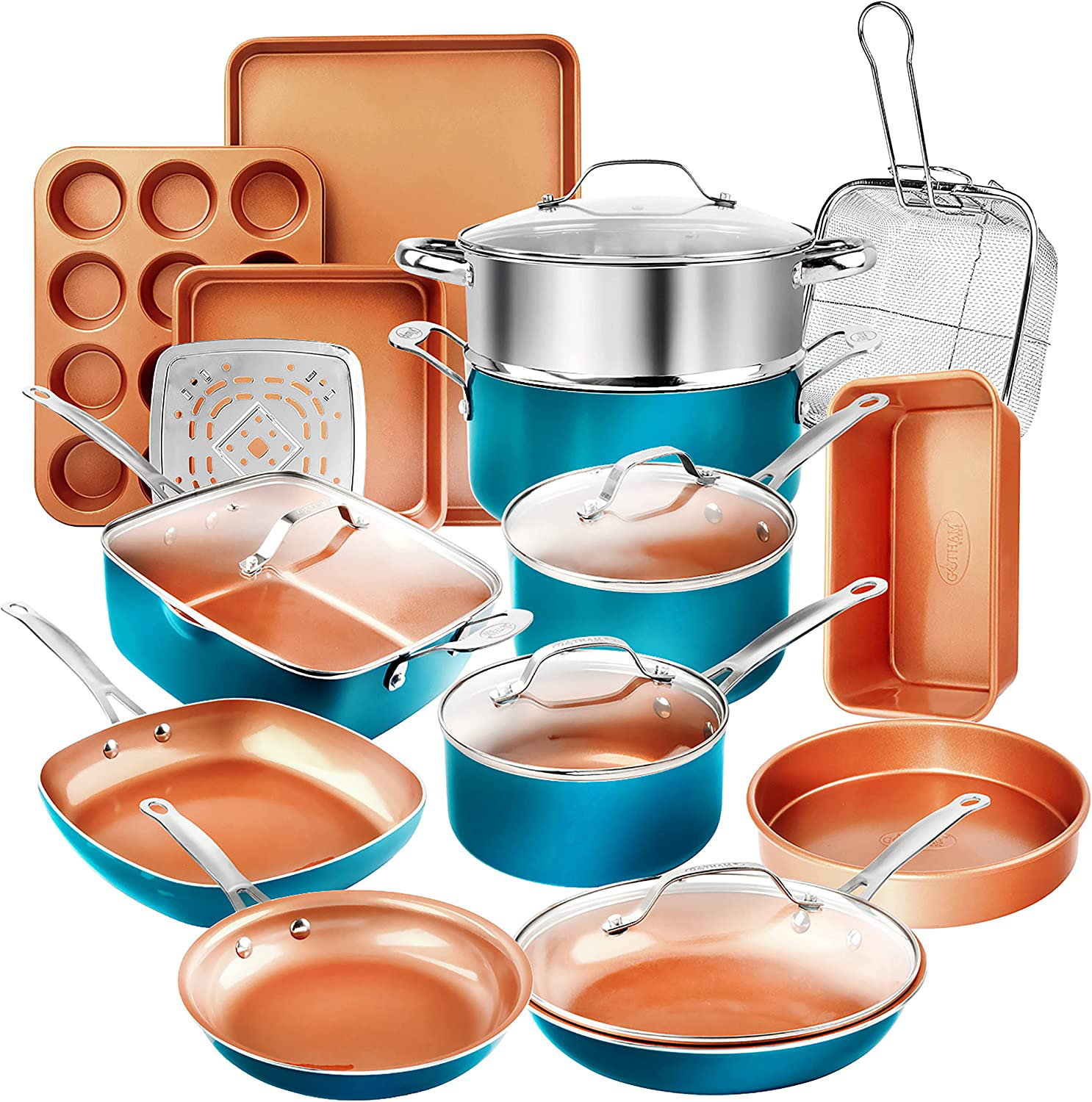 Gotham Steel Original Copper 20 Pieces Ceramic Non Stick Cookware Set