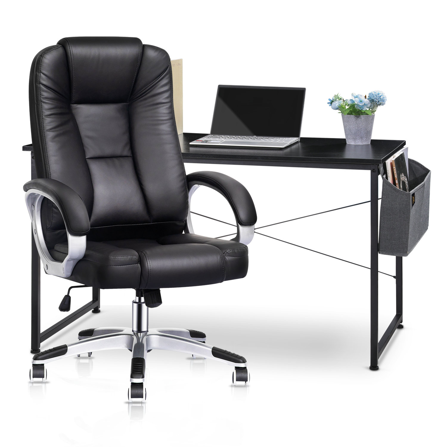MoNiBloom Office Modern Desk & Chair Set, Rolling High Back Leather Chair And Laptop Table With