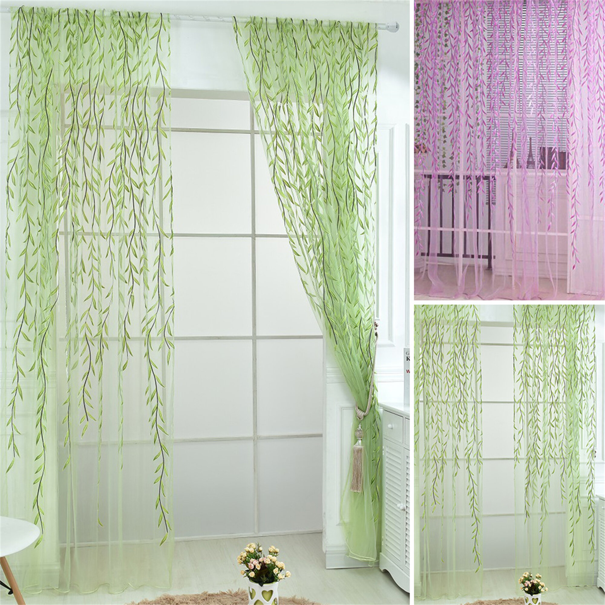 Sheer Voile Window Floral Flower Sheer Curtain Panel Door Window Balcony Tulle 