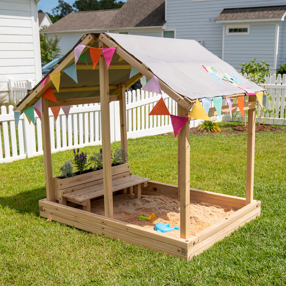 Funphix Dig n Play Wooden Sandbox Playhouse with Bench & Flower Planter