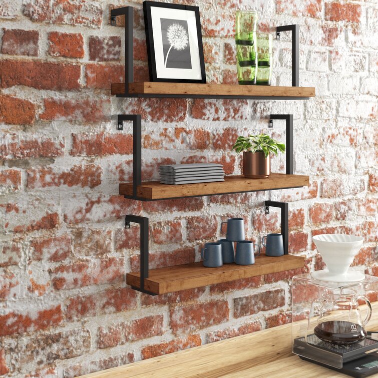 Wood Floating Shelves Bookshelf Wall Mount Shelf Display Home Decor  3 Hooks 