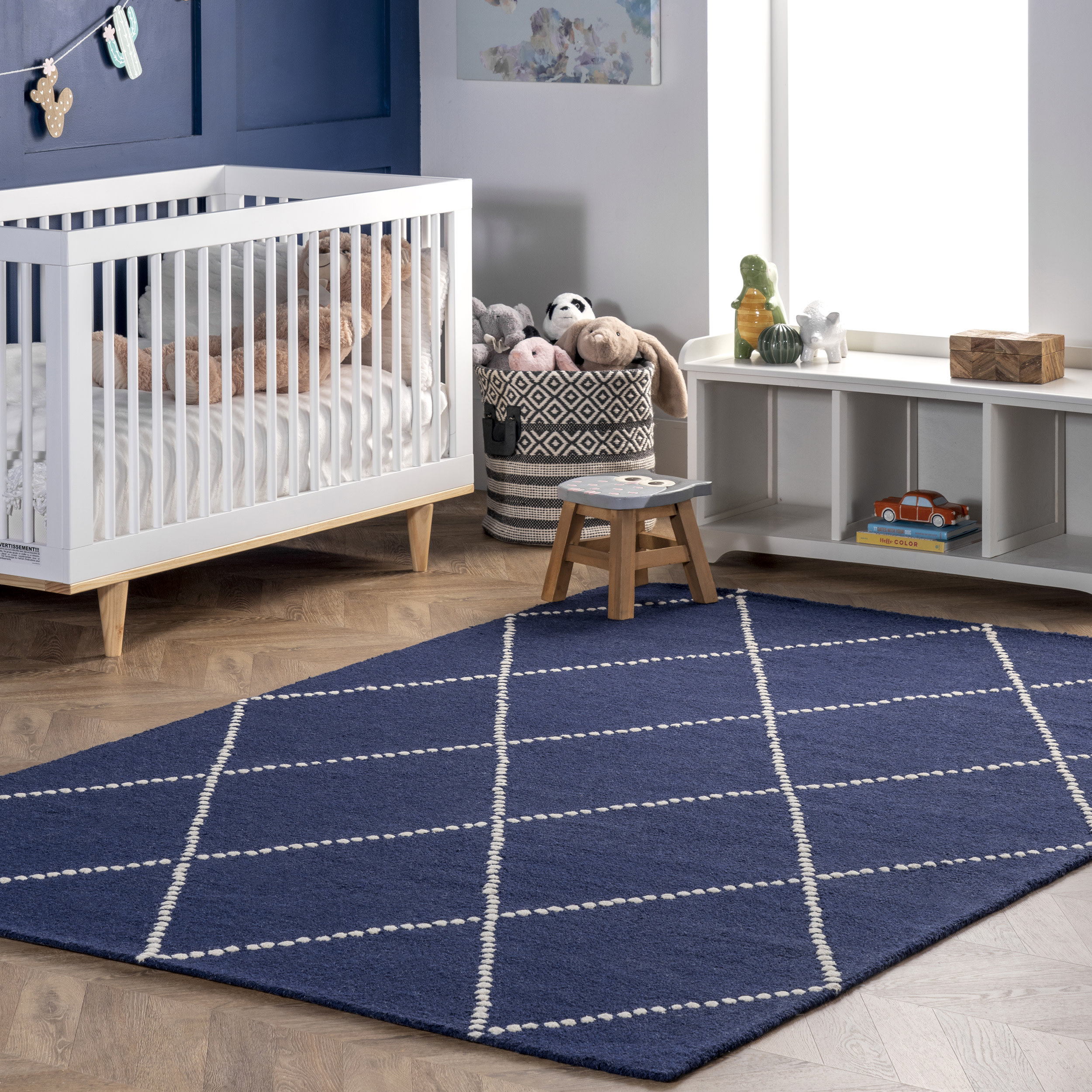 Dakota Fields Geometric Diamond Handmade Tufted Wool Navy Area Rug