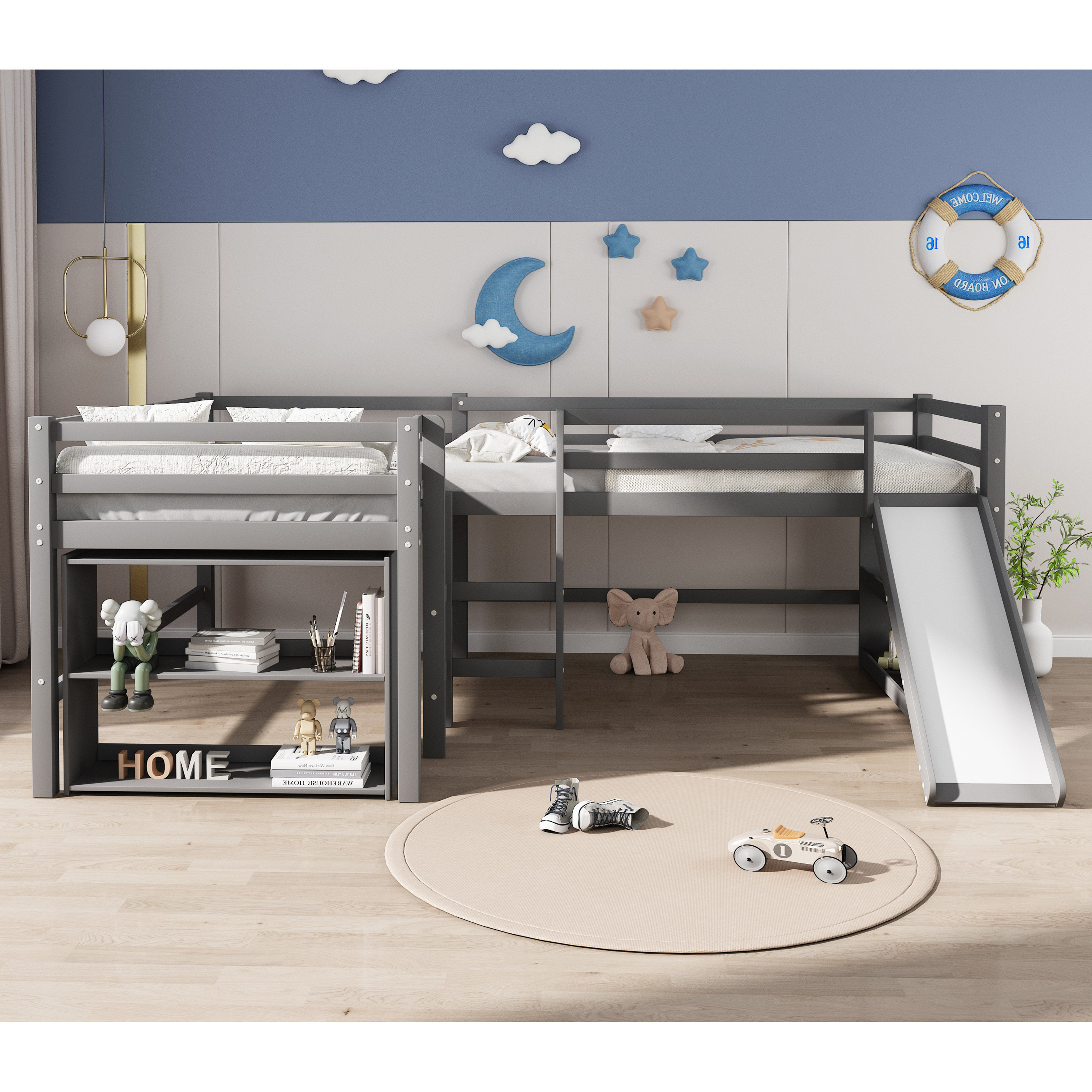Harriet Bee Twin Size LShaped Loft Bed With Movable TwoTier Shelves