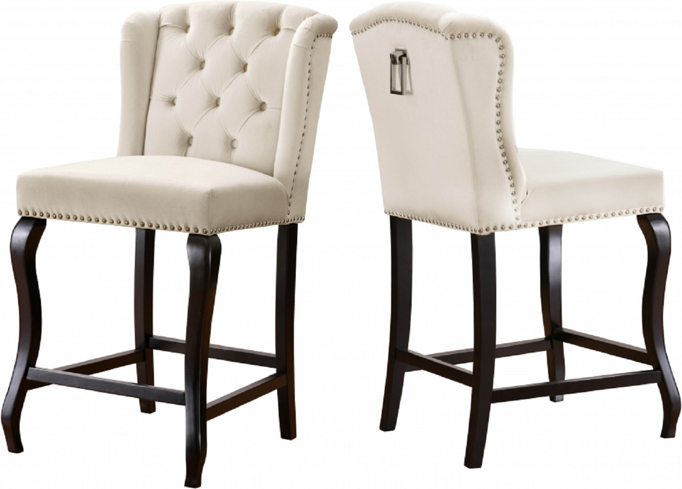 Charlton Home® Myla Velvet Counter Stool With Espresso Wood Legs And Chrome Nailheads, Creme