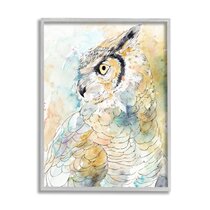 Owl Painting Bird Original Art Yellow Eye Framed Small Artwork 4x4 by ArtLopatina