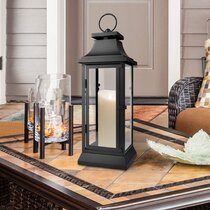 2 large brown wood metal 18" tall Candle holder Lantern terrace outdoor patio 