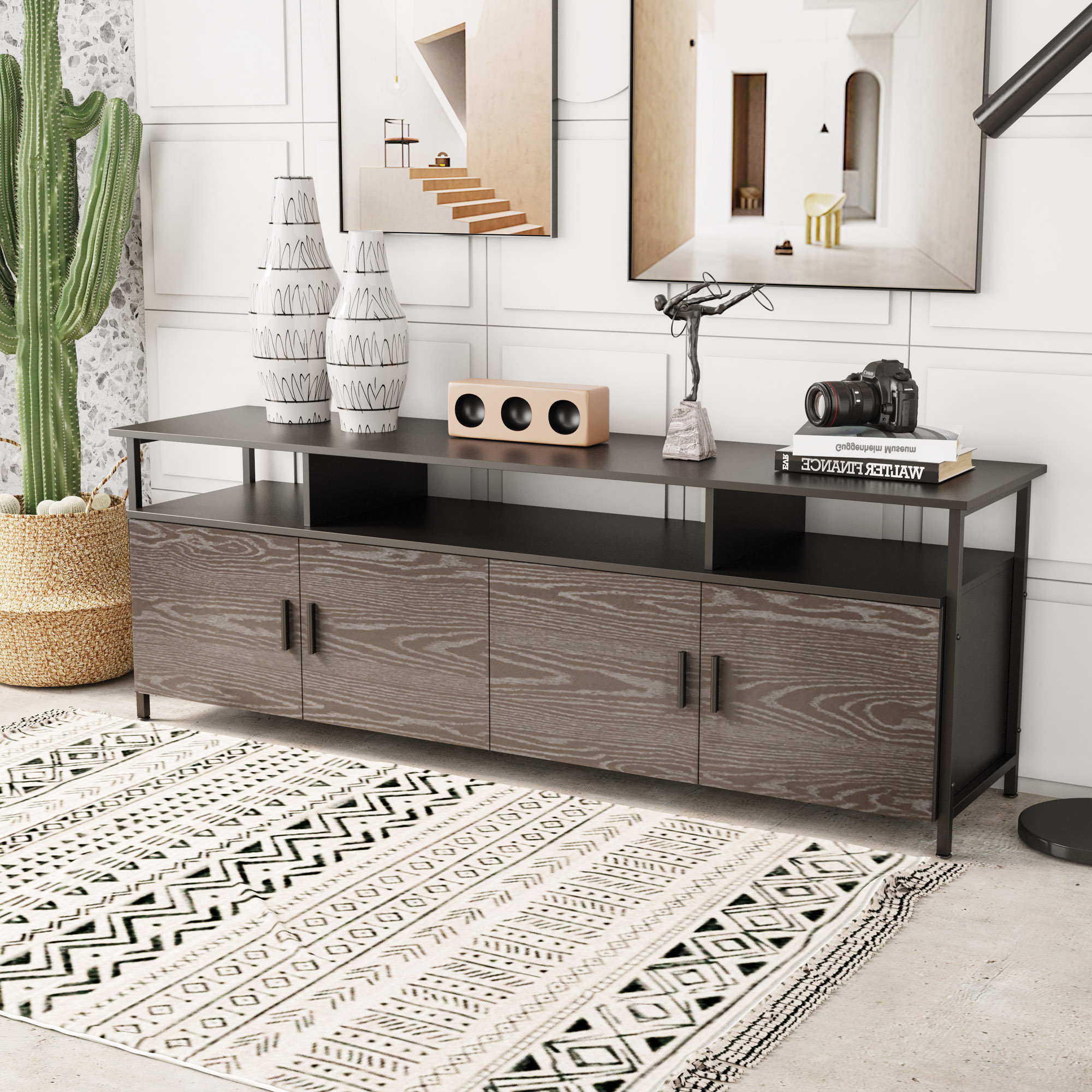 Millwood Pines Black Modern Simple Wood Grain TV 80Inch TV