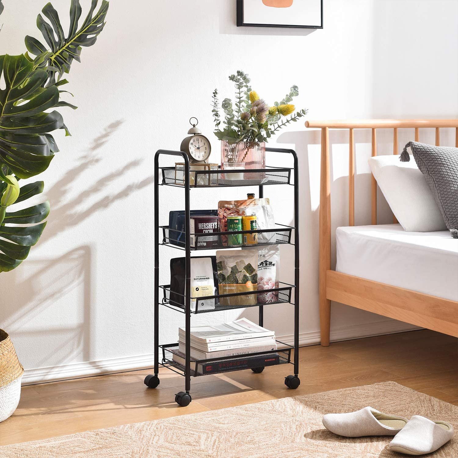 Kitchen Bathroom 4-Tier Mesh Rolling Storage Cart Multifunctional Utility Cart with 4 Free Rolling Casters 4 Hooks for Home Office Bedroom-White 