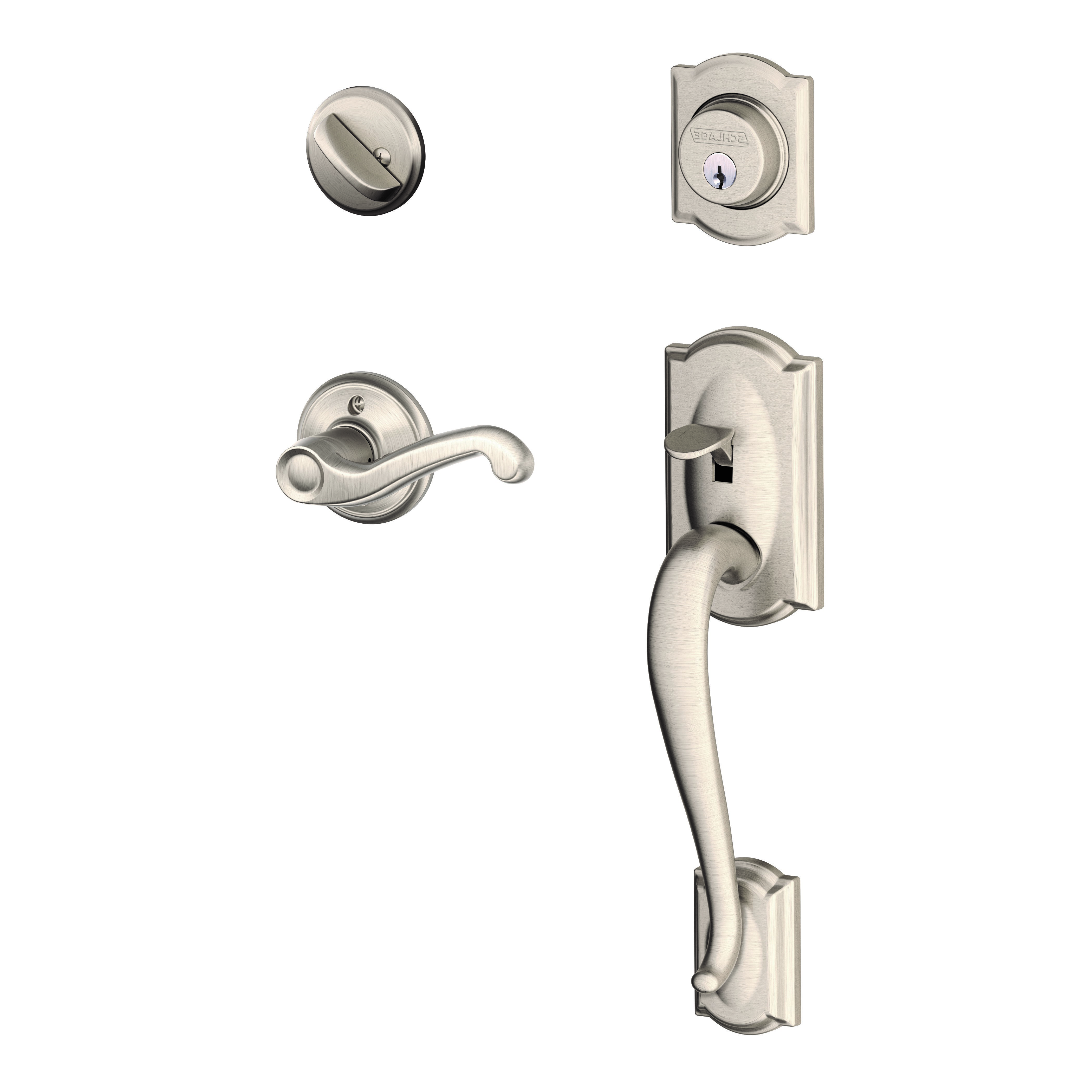 Schlage Camelot Handleset with Deadbolt and Flair Door Lever and
