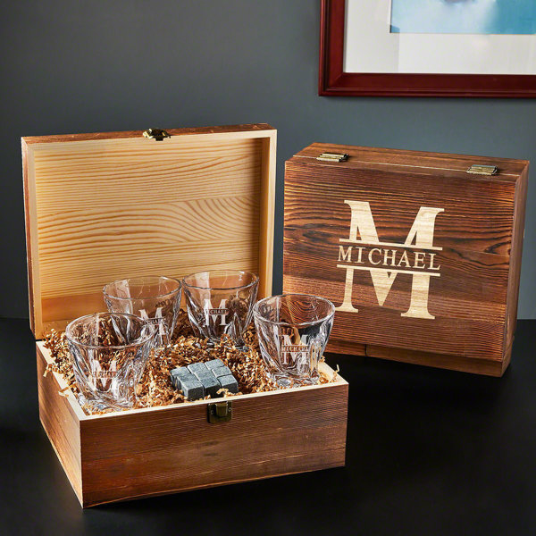 Home Wet Bar Custom Twist Whiskey Glasses With Oakmont Box | Wayfair