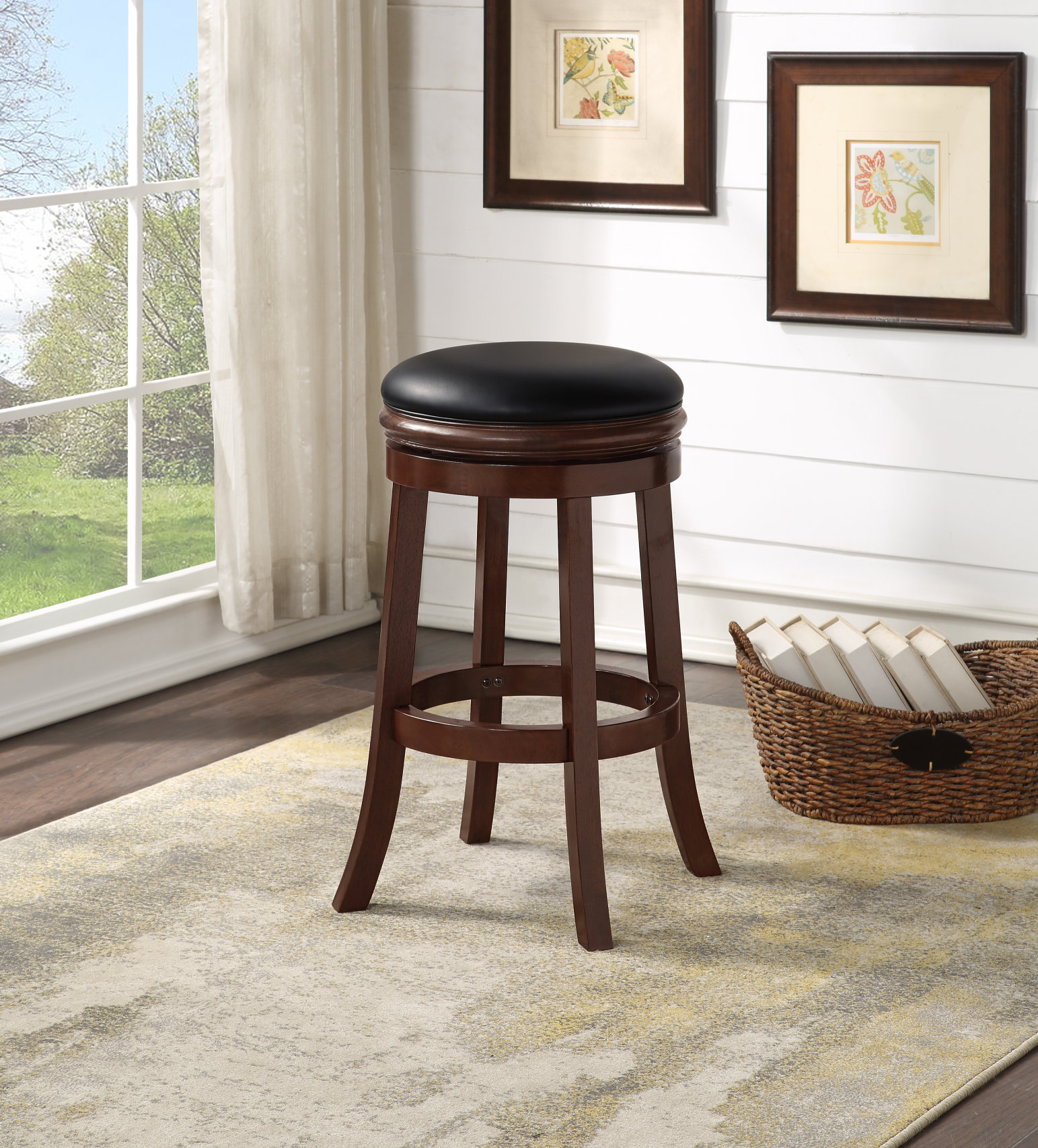 Backless Cappuccino Wood 24" Counter Height  Stool with Black Swivel Seat 