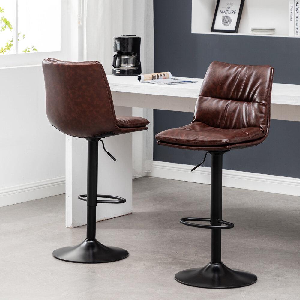 Set of 2 Bar Stools Counter Adjustable Swivel PU Leather Pub Dinning Chair Brown 