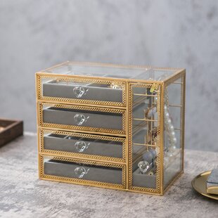 MyGift Vintage Clear Glass & Brass Metal 4 Drawer Display Box/Dresser Top Jewelr 