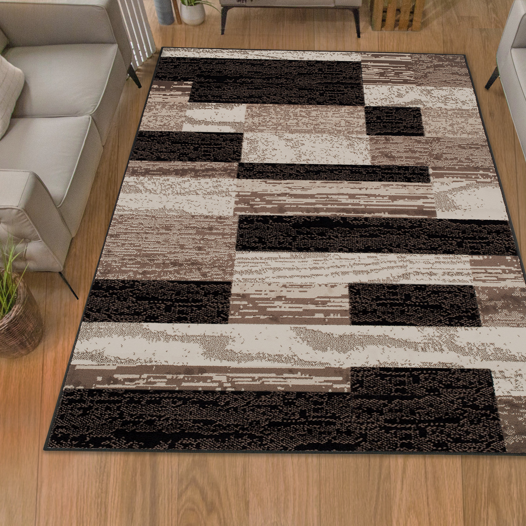 Unique Style Designer Carpet Grey Cream Brown Chequered Living Room Bedroom Rug 